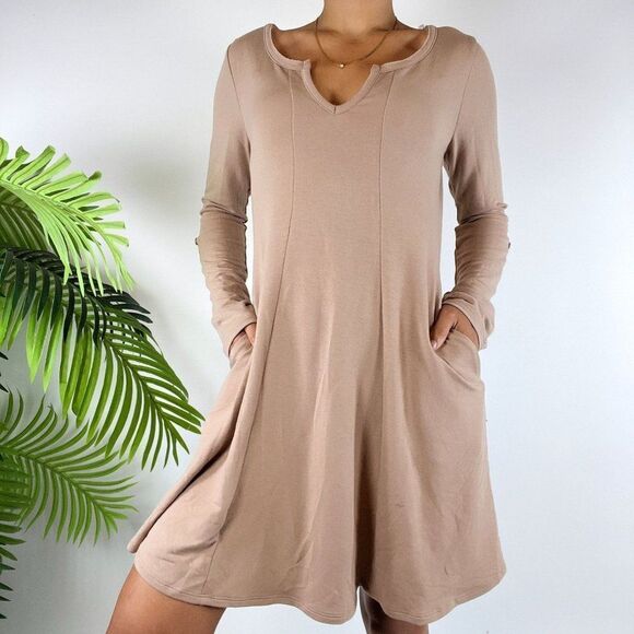 Women's Brown Boho Casual Long Sleeve Fit & Flare Comfy Mini Pocket Dress / S - Picture 3 of 5